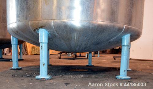 Used Groen Tank, 2500 Gallons, 304 Stainless Steel, Vertical. 90” Diameter x 78” straight side, dished top and bottom. Openings top (2) 1-5/8” threaded, 2-1/2” threaded, 15-3/4” man way, no cover. 2”...