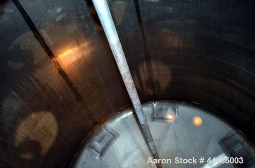 Used Groen Tank, 2500 Gallons, 304 Stainless Steel, Vertical. 90” Diameter x 78” straight side, dished top and bottom. Openings top (2) 1-5/8” threaded, 2-1/2” threaded, 15-3/4” man way, no cover. 2”...