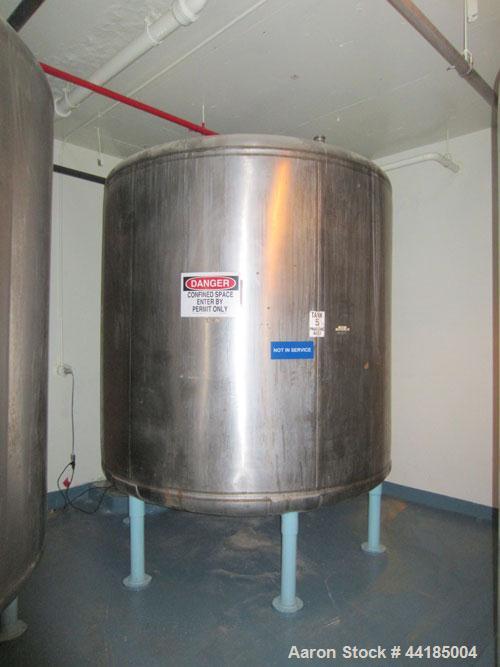Used Groen Tank, 2500 Gallons, 304 Stainless Steel, Vertical. 90” Diameter x 78” straight side, dished top and bottom. Openings top (2) 1-5/8” threaded, 2-1/2” threaded, 15-3/4” man way with cover. 2...