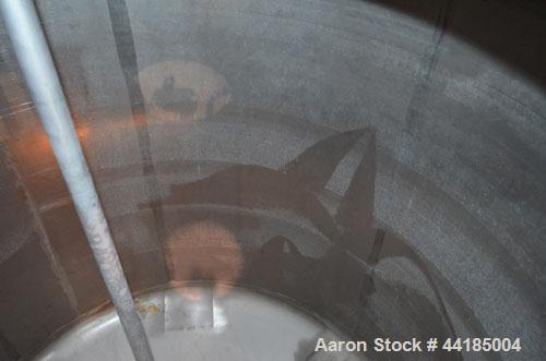 Used Groen Tank, 2500 Gallons, 304 Stainless Steel, Vertical. 90” Diameter x 78” straight side, dished top and bottom. Openings top (2) 1-5/8” threaded, 2-1/2” threaded, 15-3/4” man way with cover. 2...