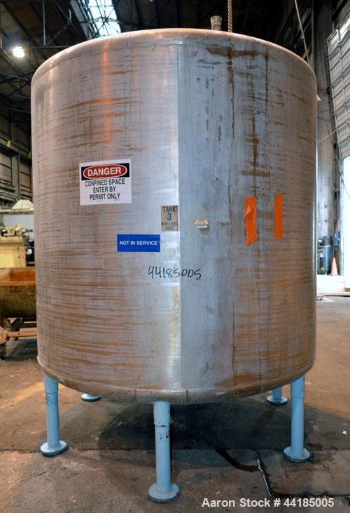Used Groen Tank, 2500 Gallons, 304 Stainless Steel, Vertical. 90” Diameter x 78” straight side, dished top and bottom. Openings: top (2) 1-5/8” threaded, 2-1/2” threaded, 15-3/4” manway with cover; 2...