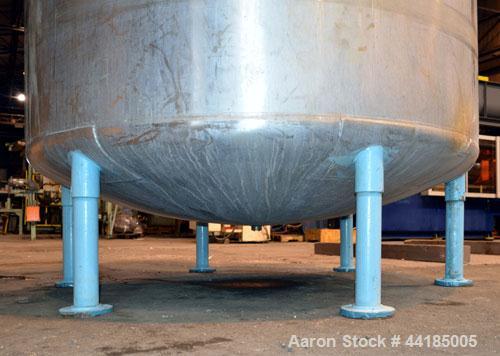 Used Groen Tank, 2500 Gallons, 304 Stainless Steel, Vertical. 90” Diameter x 78” straight side, dished top and bottom. Openings: top (2) 1-5/8” threaded, 2-1/2” threaded, 15-3/4” manway with cover; 2...