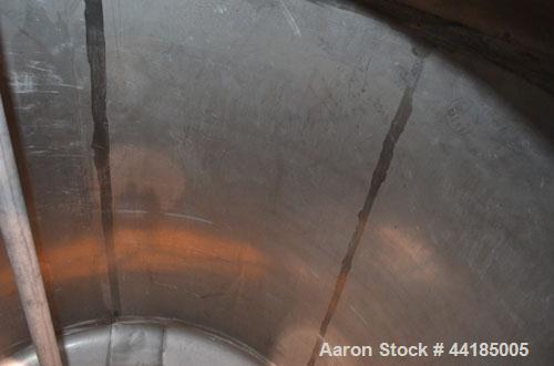 Used Groen Tank, 2500 Gallons, 304 Stainless Steel, Vertical. 90” Diameter x 78” straight side, dished top and bottom. Openings: top (2) 1-5/8” threaded, 2-1/2” threaded, 15-3/4” manway with cover; 2...