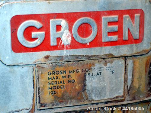 Used Groen Tank, 2500 Gallons, 304 Stainless Steel, Vertical. 90” Diameter x 78” straight side, dished top and bottom. Openings: top (2) 1-5/8” threaded, 2-1/2” threaded, 15-3/4” manway with cover; 2...