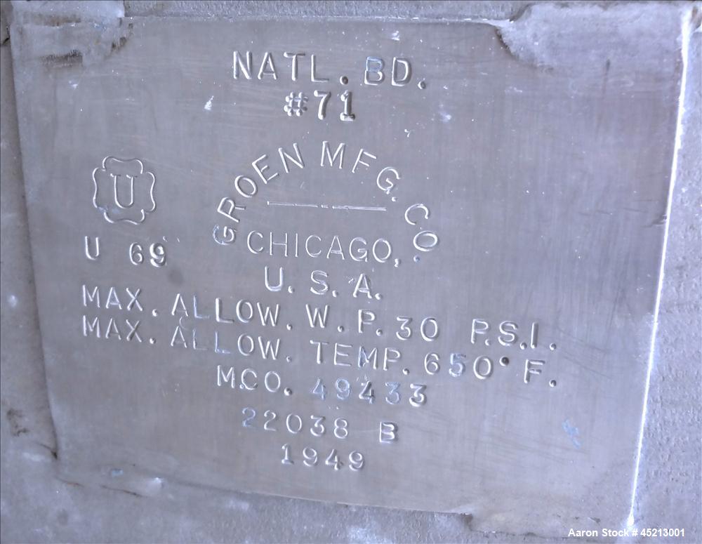 Used 2000 Gallon Stainless Steel Groen Pressure Tank, Model 2B-WC-1000
