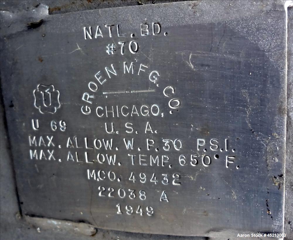 Used 2000 Gallon Stainless Steel Groen Pressure Tank, Model 2B-WC-1000 