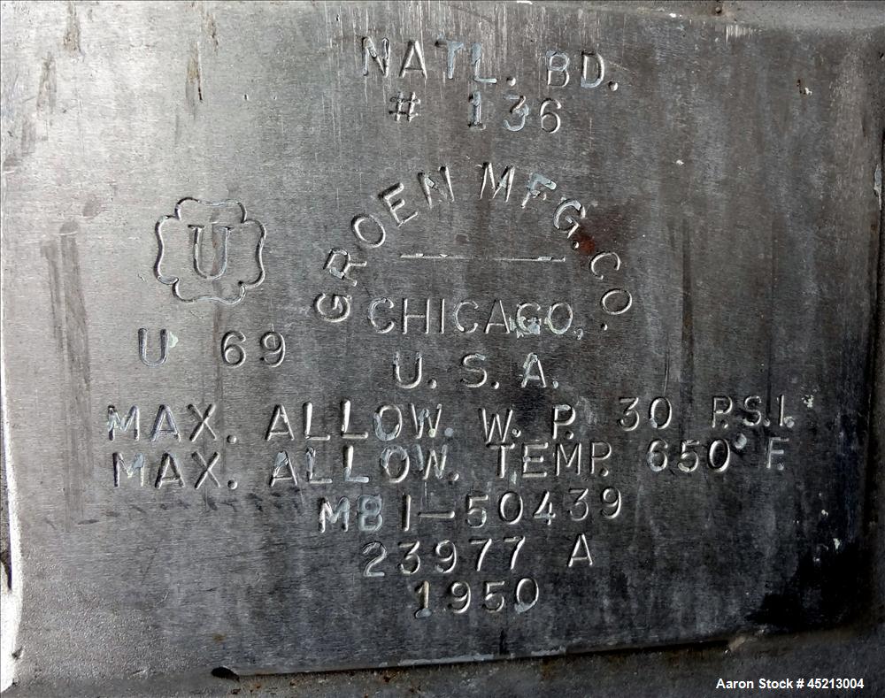 Used 2000 Gallon Stainless Steel Groen Pressure Tank, Model 2B-WC-1000 