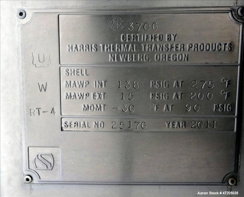 Unused- Harris Thermal Transfer Products Pressure Tank, Approximately 2,750 Gallon, 304L Stainless Steel, Vertical. 72" Diameter x 144" straight side. Elliptical top and bottom heads. Internal rated ...