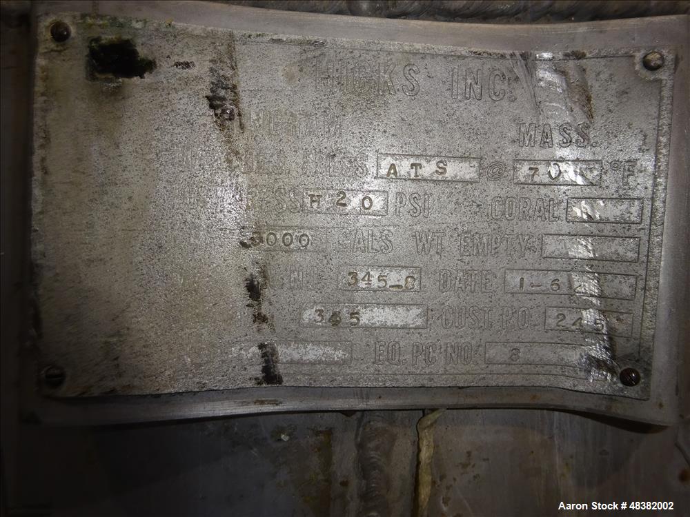 Used Hicks Inc. Tank, 3,000 Gallon, 304 Stainless Steel, Vertical.