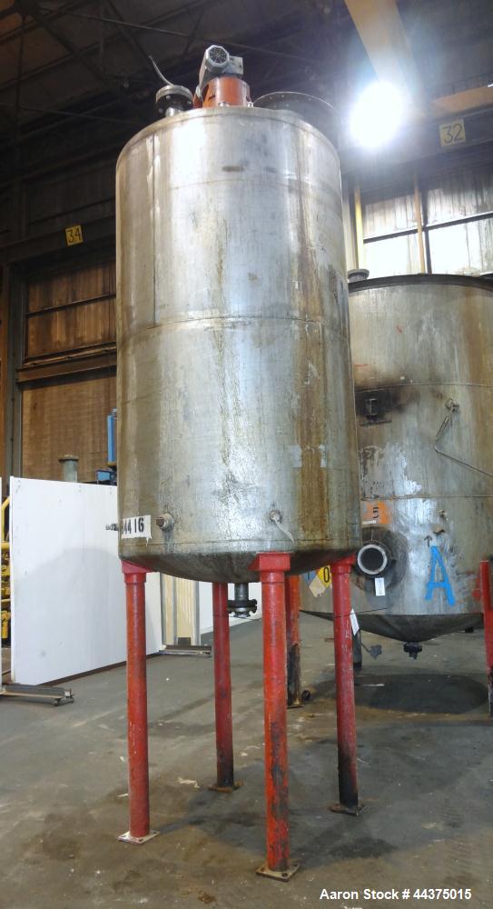 Used Imperial Steel Tank, 1200 Gallon, 316 Stainless Steel, Vertical. Approximate 60" diameter x 96" straight side, dished top and bottom. Top entering ProQuip agitator, no model or serial#. Approxim...