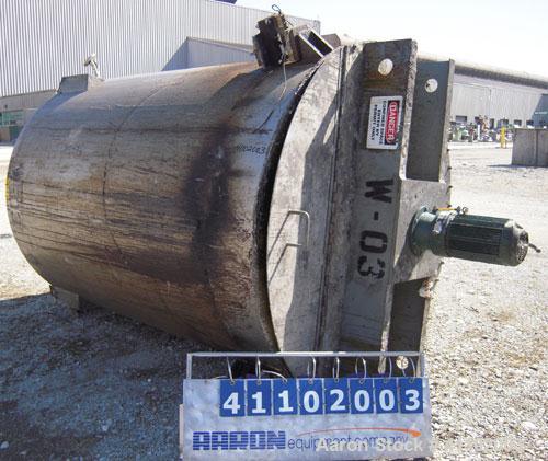 Used Imperial Steel Tank Company Tank, 1800 gallon, 304 stainless steel, vertical. 72" diameter x 96" straight side. Flat bolt on top with a 1/4 hinged cover, dish bottom. Top carbon steel agitator b...