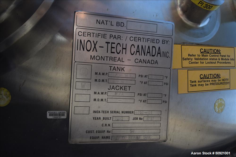 Used- Inox-Tech Pressure Tank, Approximate 3,000 Gallon
