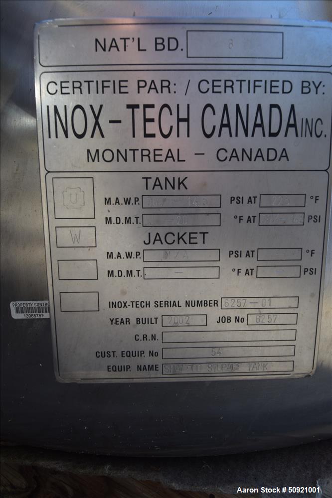 Used- Inox-Tech Pressure Tank, Approximate 3,000 Gallon