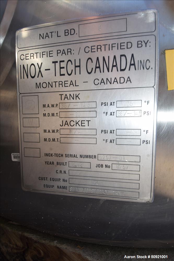 Used- Inox-Tech Pressure Tank, Approximate 3,000 Gallon