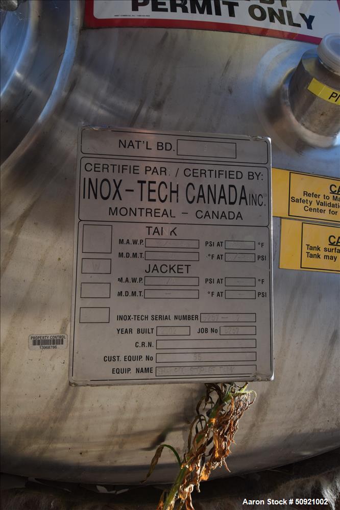 Used- Inox-Tech Pressure Tank, Approximate 3,000 Gallon