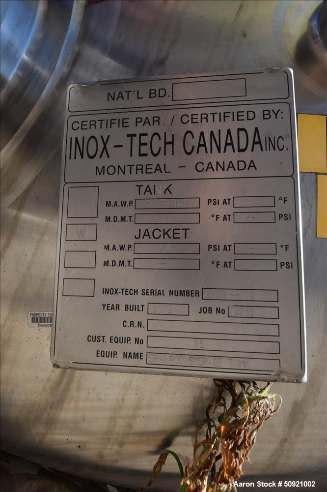 Used Inox-Tech Pressure Tank, Approximate 3,000 Gallon
