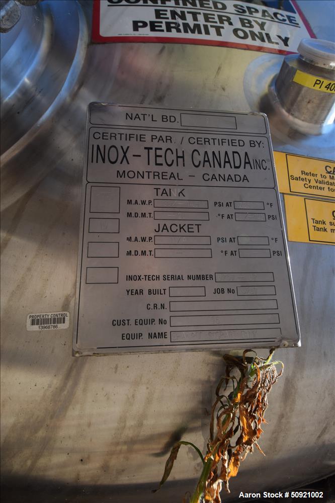 Used- Inox-Tech Pressure Tank, Approximate 3,000 Gallon