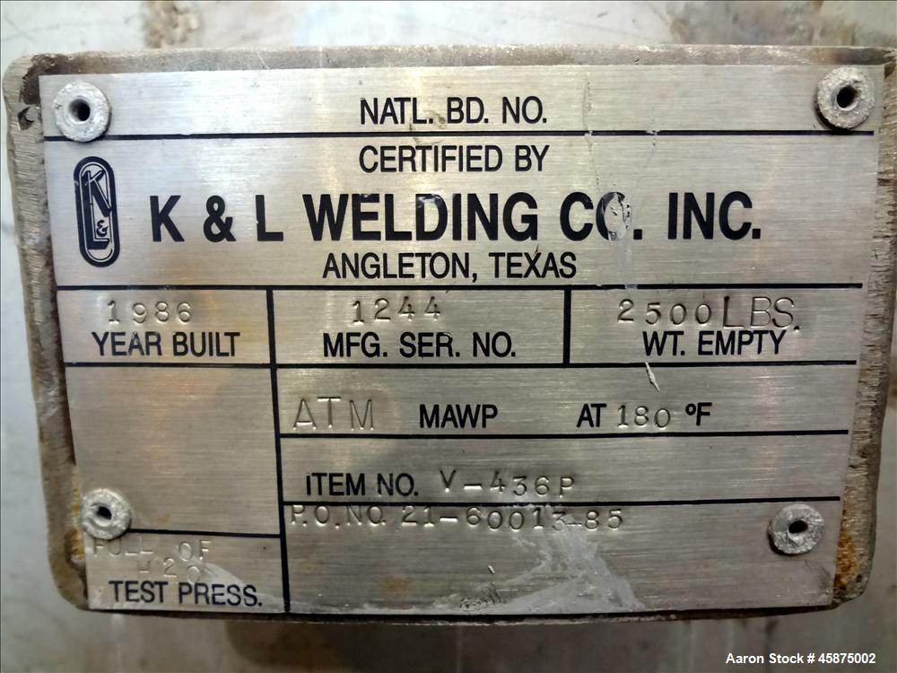 Used- K & L Welding Tank, Approximately 1400 Gallon, 304 Stainless steel, Vertical. 72" diameter x 84" straight side, flat t...