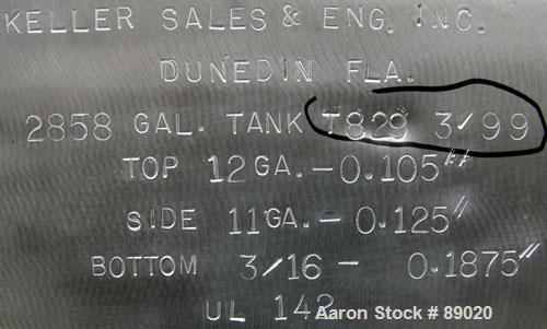 Used Keller Sales And Engineering Tank, 2,858 Gallon, 304 Stainless Steel, Vertical. Approximately 90" diameter x 108" straight side. Coned top, flat bottom. Openings: top 3", (3) 2", 10", 24" manway...