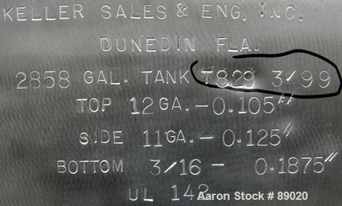 Used Keller Sales And Engineering Tank, 2,858 Gallon, 304 Stainless Steel, Vertical. Approximately 90" diameter x 108" straight side. Coned top, flat bottom. Openings: top 3", (3) 2", 10", 24" manway...