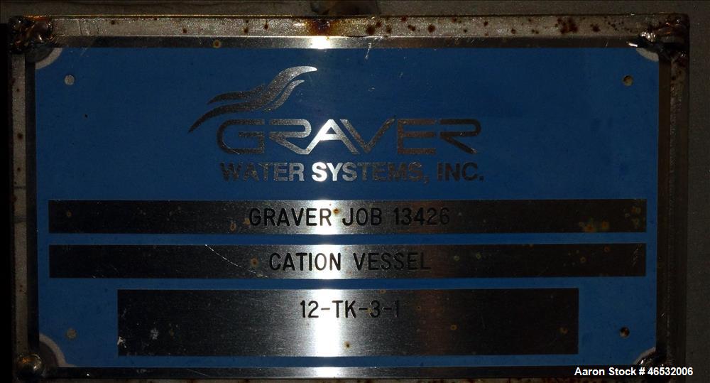 Unused- Graver Water Systems Approximate 4700 Gallon Cation Vessel Ion Exchange Column Tank. Manufactured by Kennedy Tank, 316/316L stainless steel, vertical. 120" Diameter x 76" straight side, 2:1 e...
