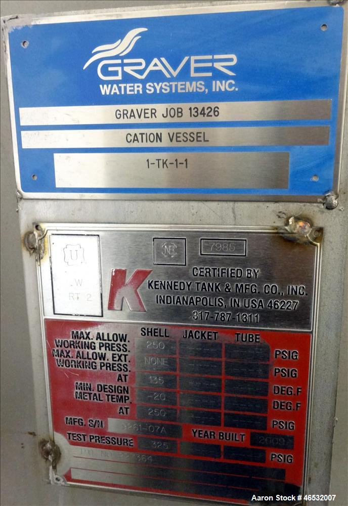 Unused- Graver Water Systems Approximate 4700 Gallon Cation Vessel Ion Exchange Column Tank. Manufactured by Kennedy Tank, 316/316L stainless steel, vertical. 120" Diameter x 76" straight side, 2:1 e...