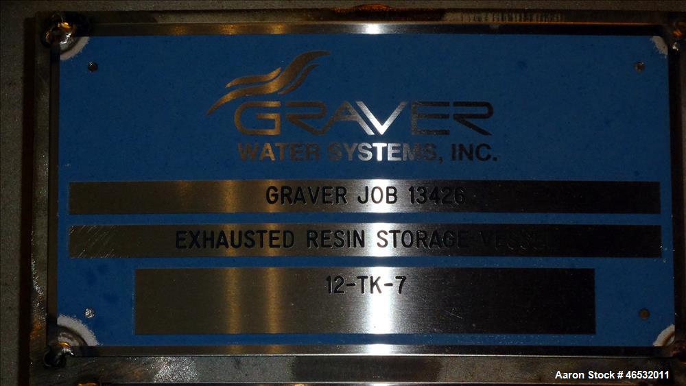 Unused- Graver Water Systems Approximate 3000 Gallon Exhausted Resin Storage Vessel. Manufactured by Kennedy Tank, 304/304L stainless steel, vertical. 72" Diameter x 168" straight side, dished top an...