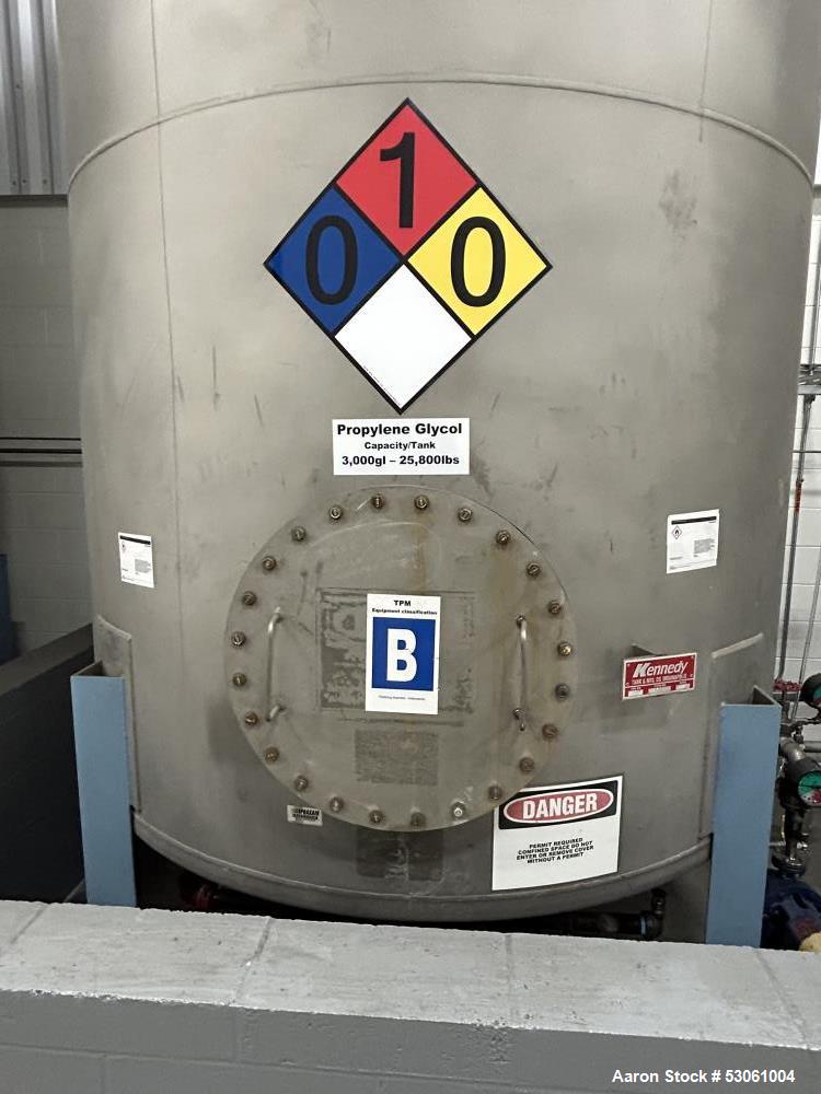 Used 3,000 Gallon Kennedy Holding Tank, Approx. 153" straight side, 84" diameter,Approx 183" overall height. Various top openings, 20" side bottom bolted manyway entrance, 3" center bottom outlet w/ ...
