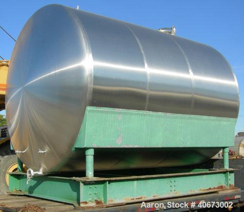 Used L'Hoir Incorporated Tank, 3,602 Gallon (3000 Imperial), 304 stainless steel, horizontal. Approximately 91 1/2" diameter x 120" straight side, dished heads. 2 internal CIP spray balls.  Openings:...