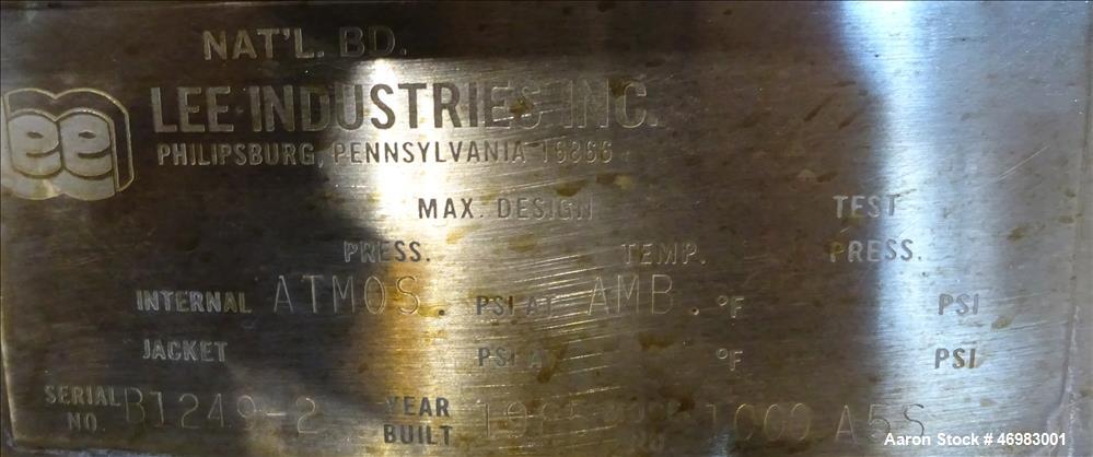 Used Lee Industries Mixing Tank, 1000 Gallon,  Model # 1000 A5S, 316 Stainless