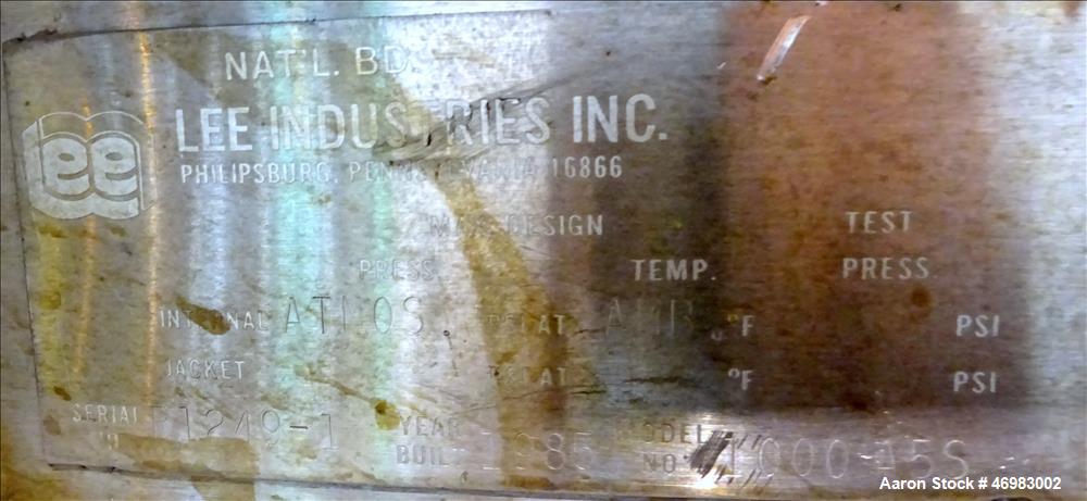 Used Lee Industries Mixing Tank, 1000 Gallon,  Model # 1000 A5S, 316 Stainless