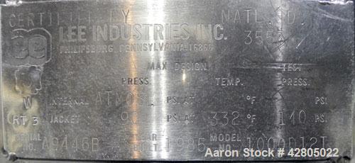 Used Lee Industries Kettle, 1,000 Gallon, Model 1000D12T, 316 Stainless Steel, Vertical. 72” Diameter x 74’’ deep, open top no cover. 44’’ Sidewall section, and hemispherical bottom has a 304 stainle...