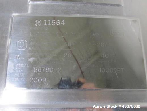 Used Lee Receiver, 1000 Gallon, Model 1000DBT. 316 Stainless steel construction, approximately 66" diameter x 64" straight side, dish top and bottom, rated 40 psi and full vacuum at 287 F internal, 1...