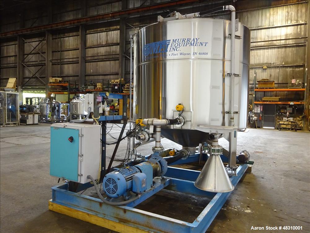 Used Murray Equipment Inc. Model MVP-10, 10 Ton Mixer.  2,500 Gallon, 96" diameter.   10 ga. 304 stainless steel cone bottom mix tank, mounted on mild steel frame. Tank has four 8" stainless baffles,...