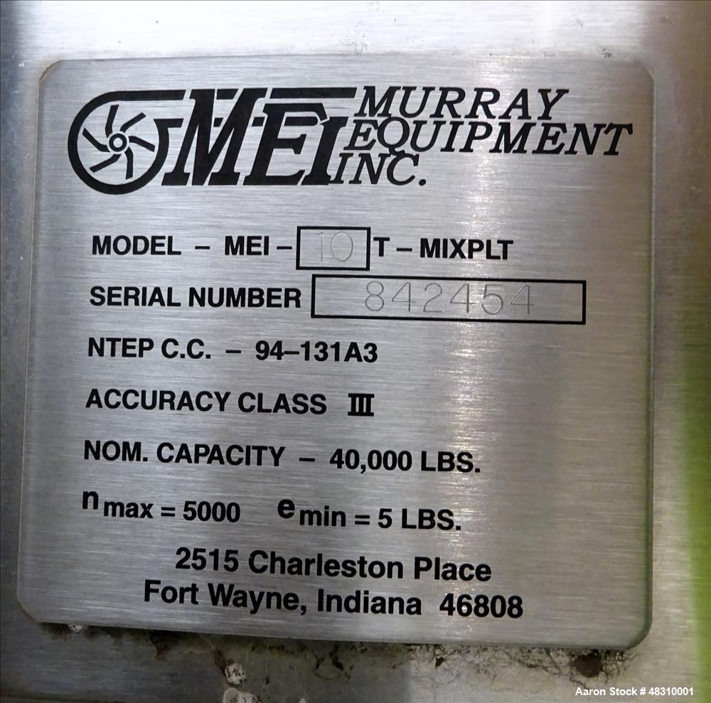 Used Murray Equipment Inc. Model MVP-10, 10 Ton Mixer.  2,500 Gallon, 96" diameter.   10 ga. 304 stainless steel cone bottom mix tank, mounted on mild steel frame. Tank has four 8" stainless baffles,...