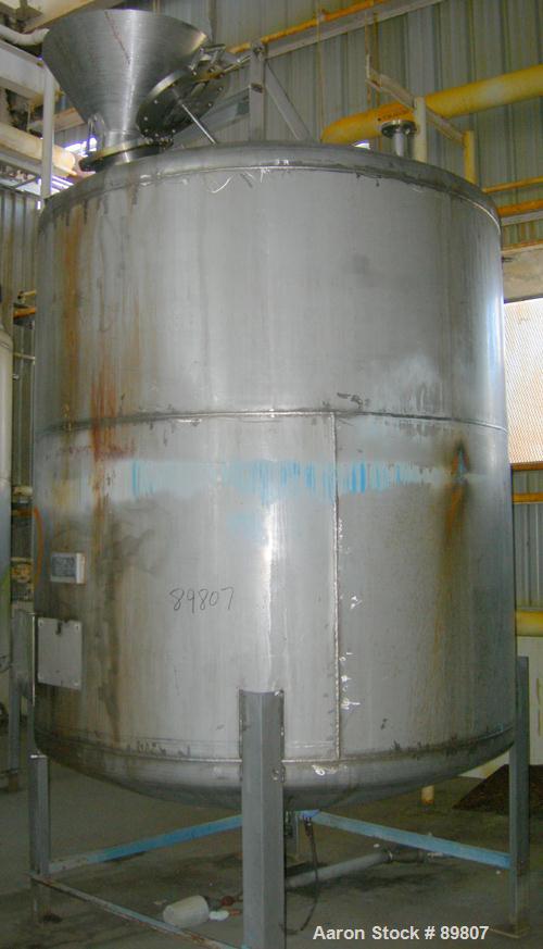 USED: Approximate 2,000 gallon stainless steel tank built by Metal Equipment Co. Dished heads. Approximately 6'8" diameter x 7' straight side. Mounted on 4 I-beam legs. 2" CBO. Built 1983.