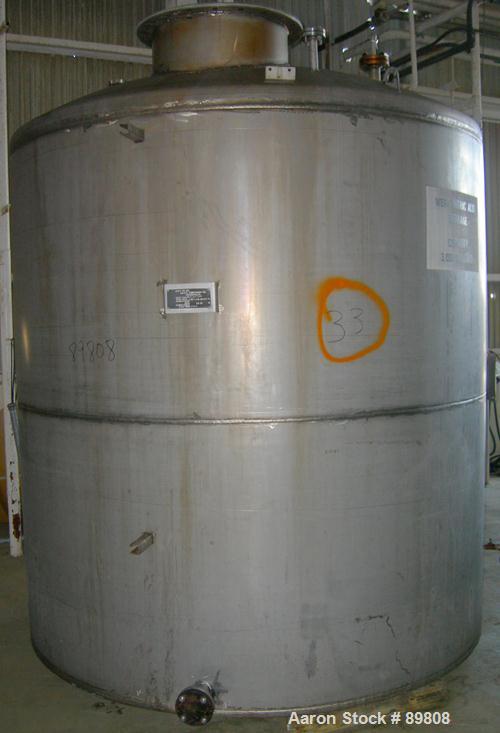 Used Metal Equipment Company Tank, 3,000 gallon, stainless steel, vertical. Approximate 96" diameter x 96" straight side. Dish top, flat bottom. Openings:  top (2) 2", 4", 1", 24" manway with no cove...
