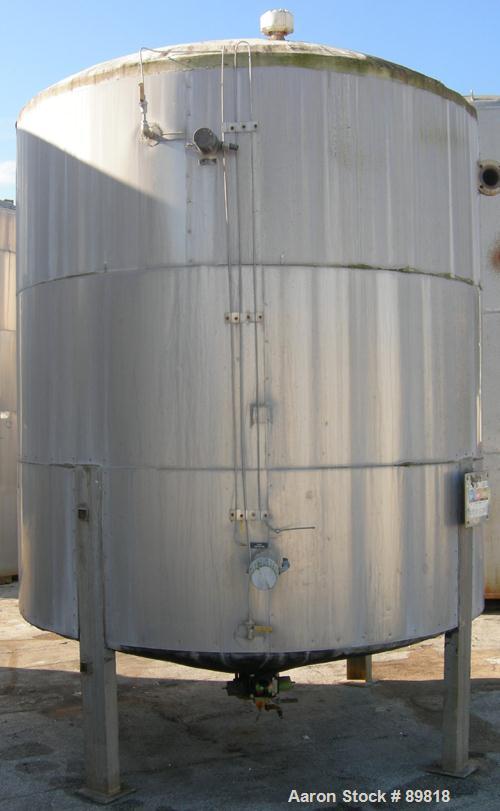 USED: Metal Equipment tank, approximately 3000 gallon, stainless steel. Insulated. 8' diameter x 8' straight side. Dish top, cone bottom. Side 18" manway with cover. Mounted on 4 stainless steel legs.