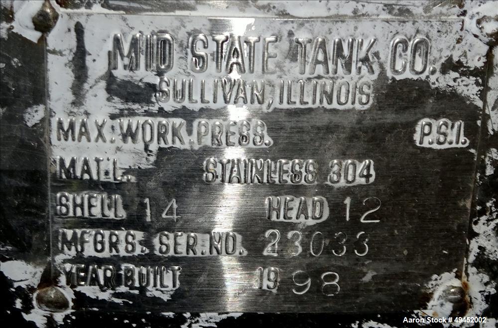 Used Mid State Tank Company Tank, Approximate 2,400 Gallon, 304 Stainless Steel