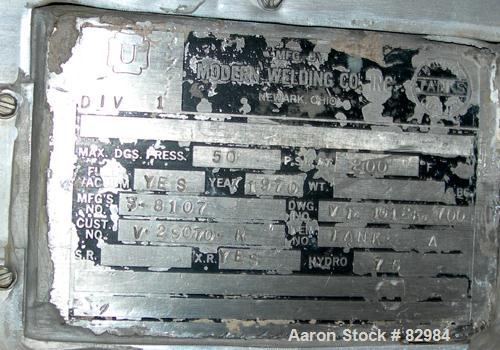 USED: Modern Welding pressure tank, 4200 gallon, 316L stainless steel, vertical. 96" diameter x 125" straight side. Dished top and bottom. Internal rated 50 psi at 200 deg F. Lightnin agitator, model...