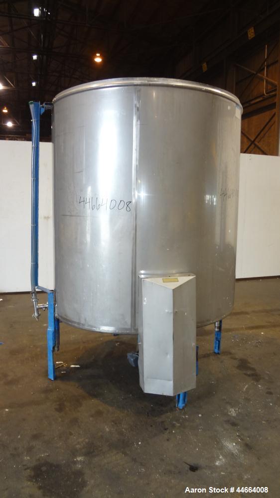 Used Mueller Tank, 1000 Gallons, 304 Stainless Steel, Vertical. 67” Diameter x 70” straight side, Open top with (2) covers, sloped bottom. Side bottom entering agitator with (3) blade prop driven by ...