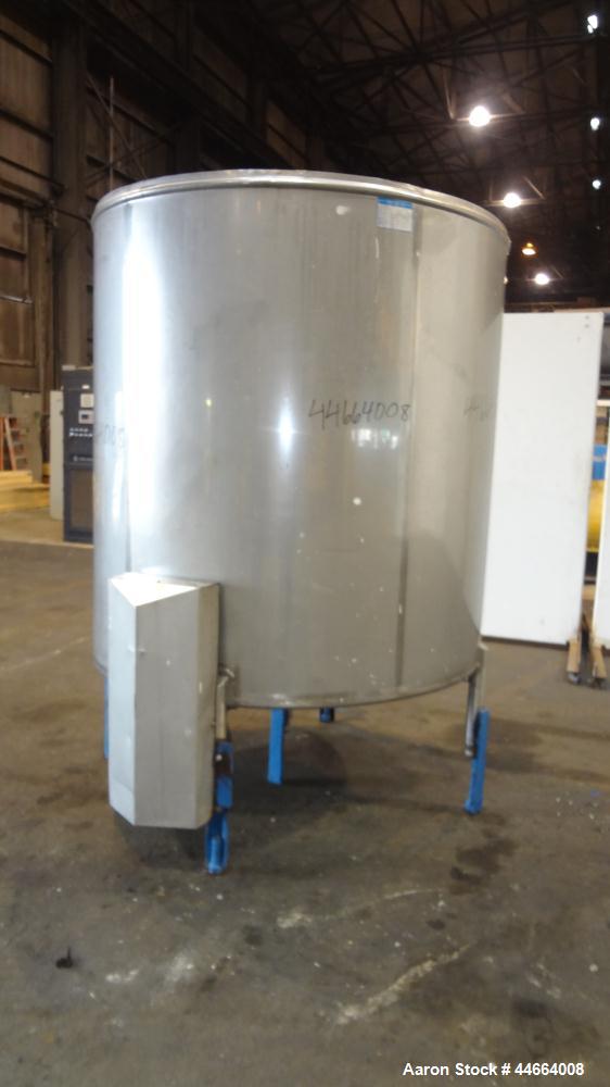 Used Mueller Tank, 1000 Gallons, 304 Stainless Steel, Vertical. 67” Diameter x 70” straight side, Open top with (2) covers, sloped bottom. Side bottom entering agitator with (3) blade prop driven by ...