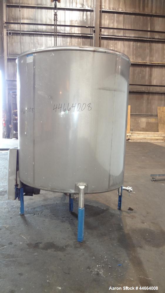Used Mueller Tank, 1000 Gallons, 304 Stainless Steel, Vertical. 67” Diameter x 70” straight side, Open top with (2) covers, sloped bottom. Side bottom entering agitator with (3) blade prop driven by ...