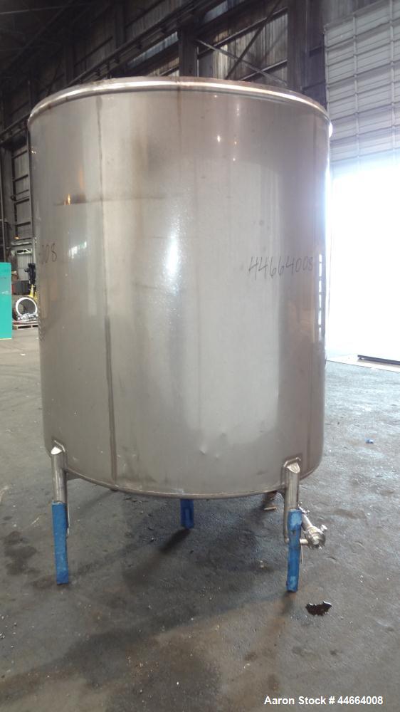 Used Mueller Tank, 1000 Gallons, 304 Stainless Steel, Vertical. 67” Diameter x 70” straight side, Open top with (2) covers, sloped bottom. Side bottom entering agitator with (3) blade prop driven by ...