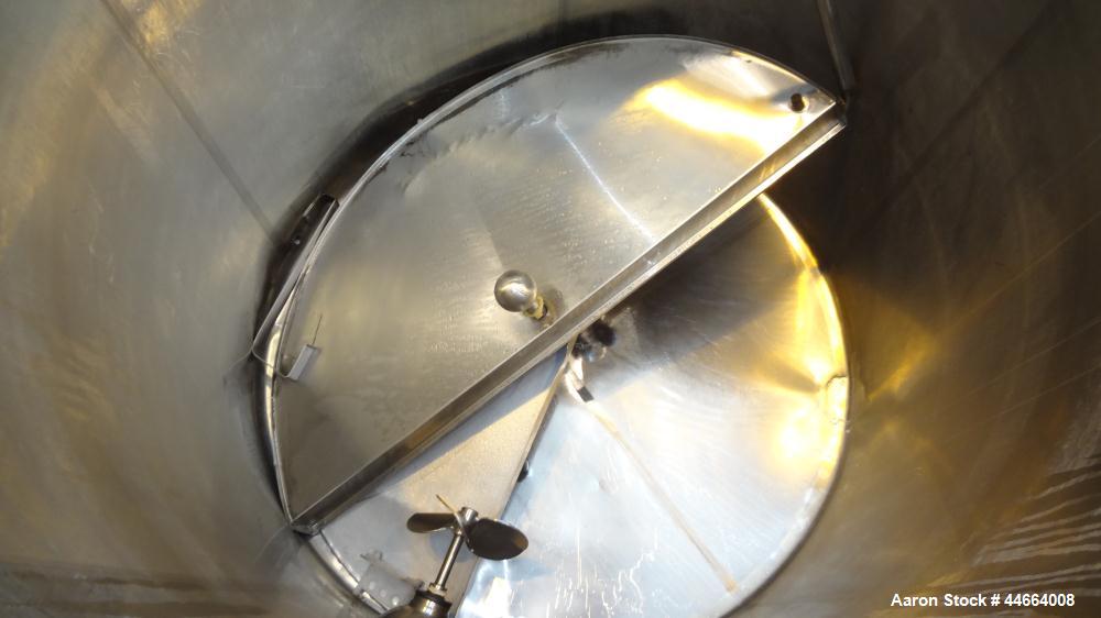 Used Mueller Tank, 1000 Gallons, 304 Stainless Steel, Vertical. 67” Diameter x 70” straight side, Open top with (2) covers, sloped bottom. Side bottom entering agitator with (3) blade prop driven by ...