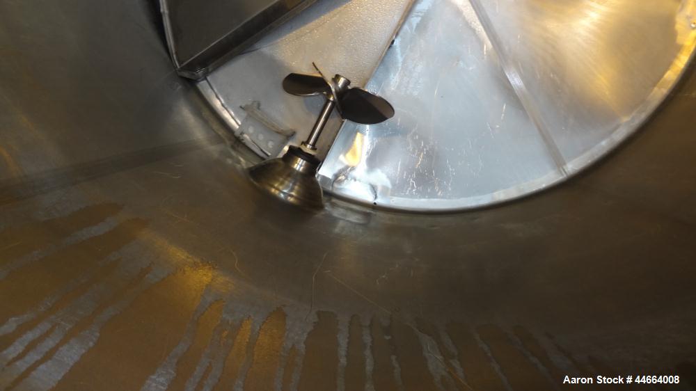 Used Mueller Tank, 1000 Gallons, 304 Stainless Steel, Vertical. 67” Diameter x 70” straight side, Open top with (2) covers, sloped bottom. Side bottom entering agitator with (3) blade prop driven by ...