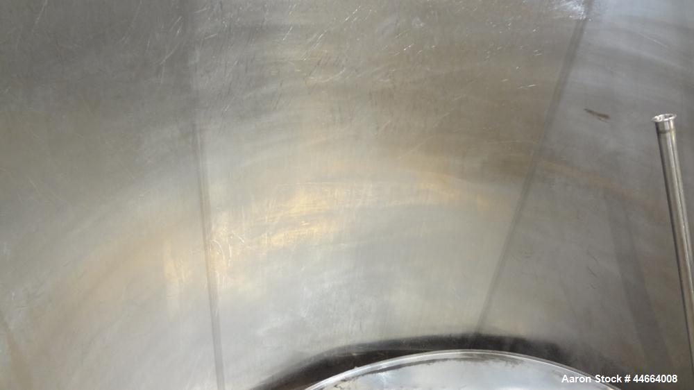 Used Mueller Tank, 1000 Gallons, 304 Stainless Steel, Vertical. 67” Diameter x 70” straight side, Open top with (2) covers, sloped bottom. Side bottom entering agitator with (3) blade prop driven by ...