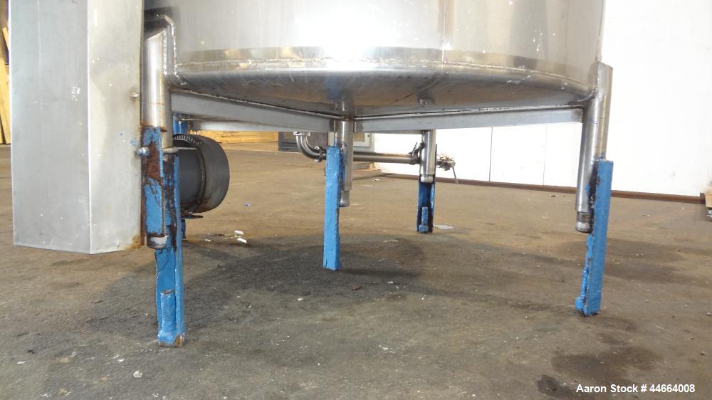 Used Mueller Tank, 1000 Gallons, 304 Stainless Steel, Vertical. 67” Diameter x 70” straight side, Open top with (2) covers, sloped bottom. Side bottom entering agitator with (3) blade prop driven by ...