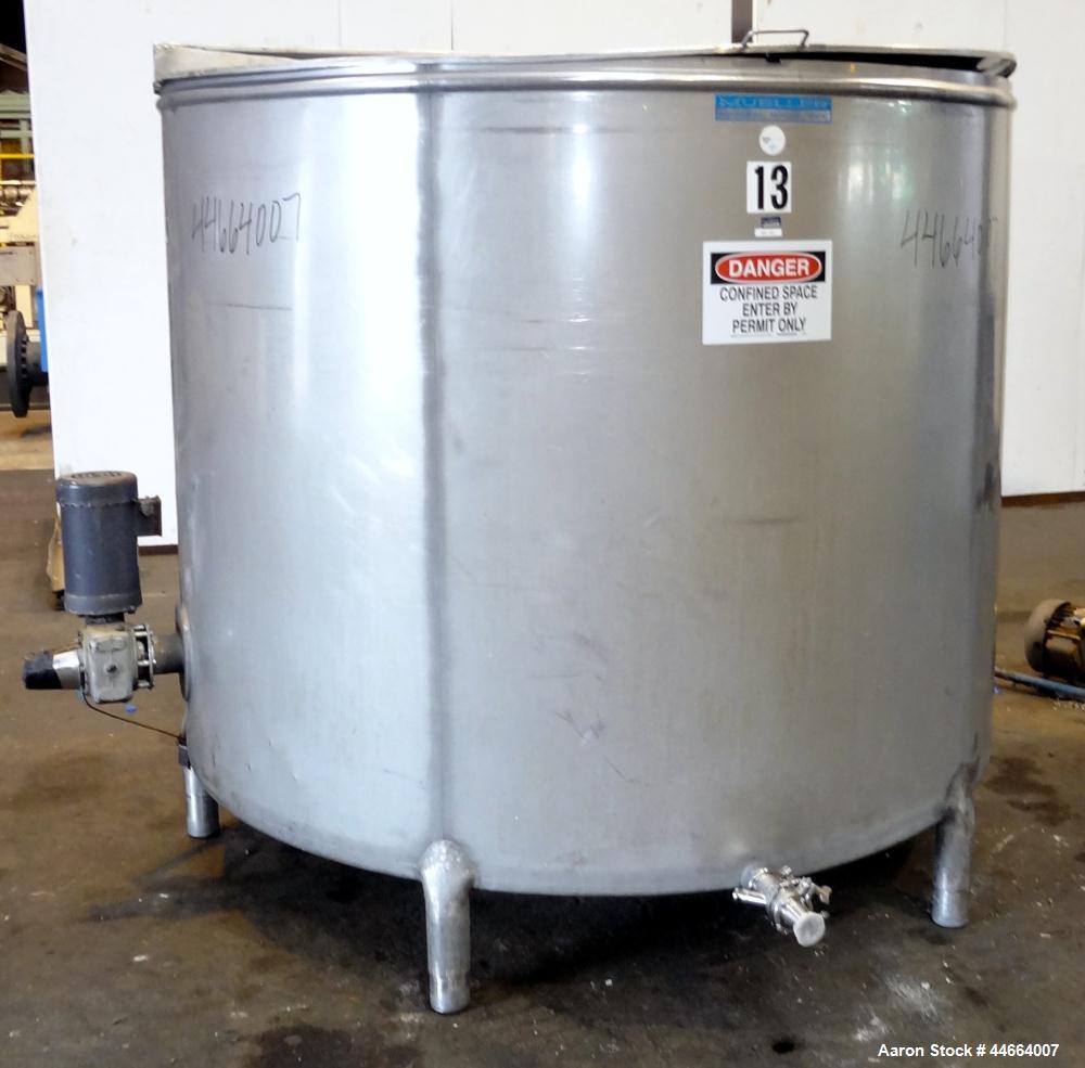 Used Mueller Tank, 1055 Gallon, 304 Stainless Steel, Vertical. Approximate 76" Diameter x 57” straight side, open top with (2) covers, inverted dish bottom. Side bottom entering agitator with a (3) b...