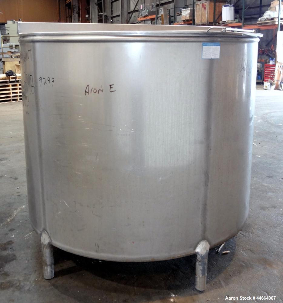 Used Mueller Tank, 1055 Gallon, 304 Stainless Steel, Vertical. Approximate 76" Diameter x 57” straight side, open top with (2) covers, inverted dish bottom. Side bottom entering agitator with a (3) b...